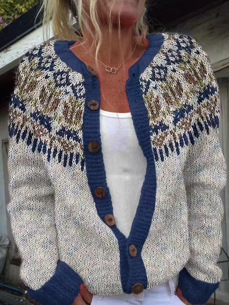 Damen nan gemusterte Strickjacke mit Rundpasse, Holzknöpfen und Eingrifftaschen Echo Archiv
