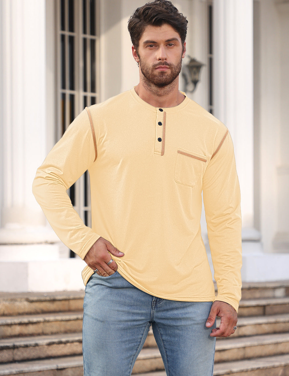 Herren Langarmshirt mit Knopfleiste und Brusttasche Echoarchiv
