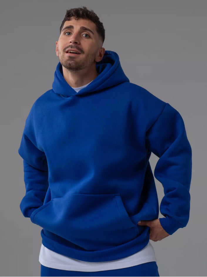Herren schwerer Fleece-Boxy-Hoodie mit tiefem Schulterfall verstärkter Kapuze und Kängurutasche – Cavarno