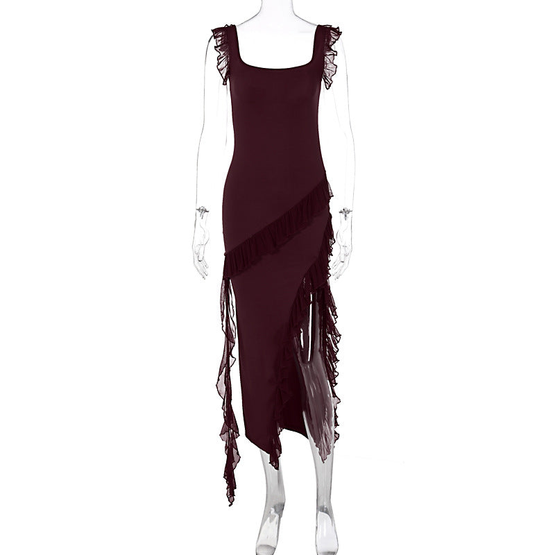 Damen asymmetrisches Maxi-Kleid mit Rüschendetails und hohem Schlitz Echo Archiv