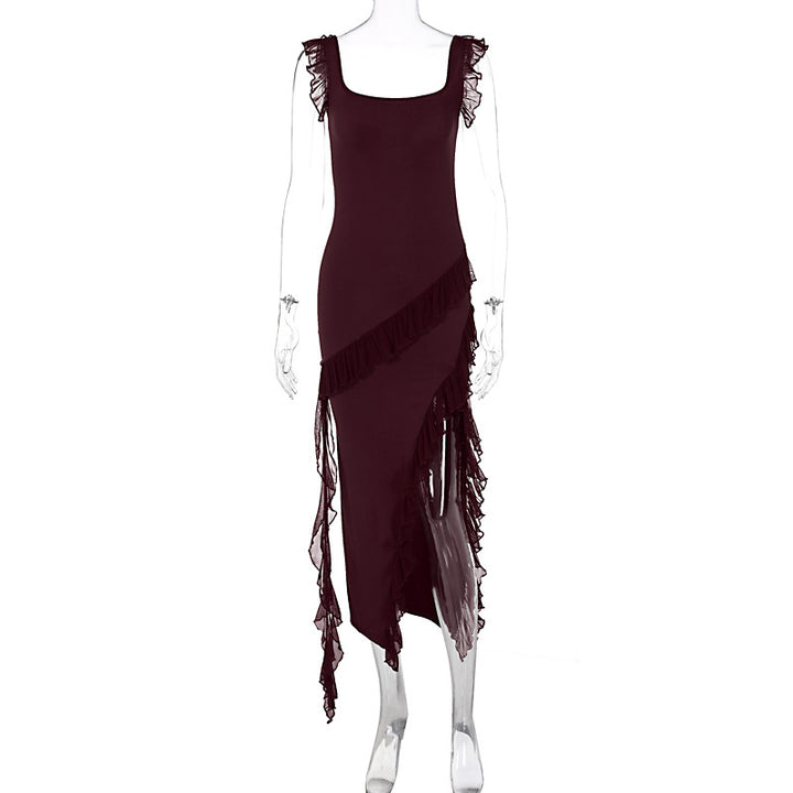 Damen asymmetrisches Maxi-Kleid mit Rüschendetails und hohem Schlitz Echo Archiv