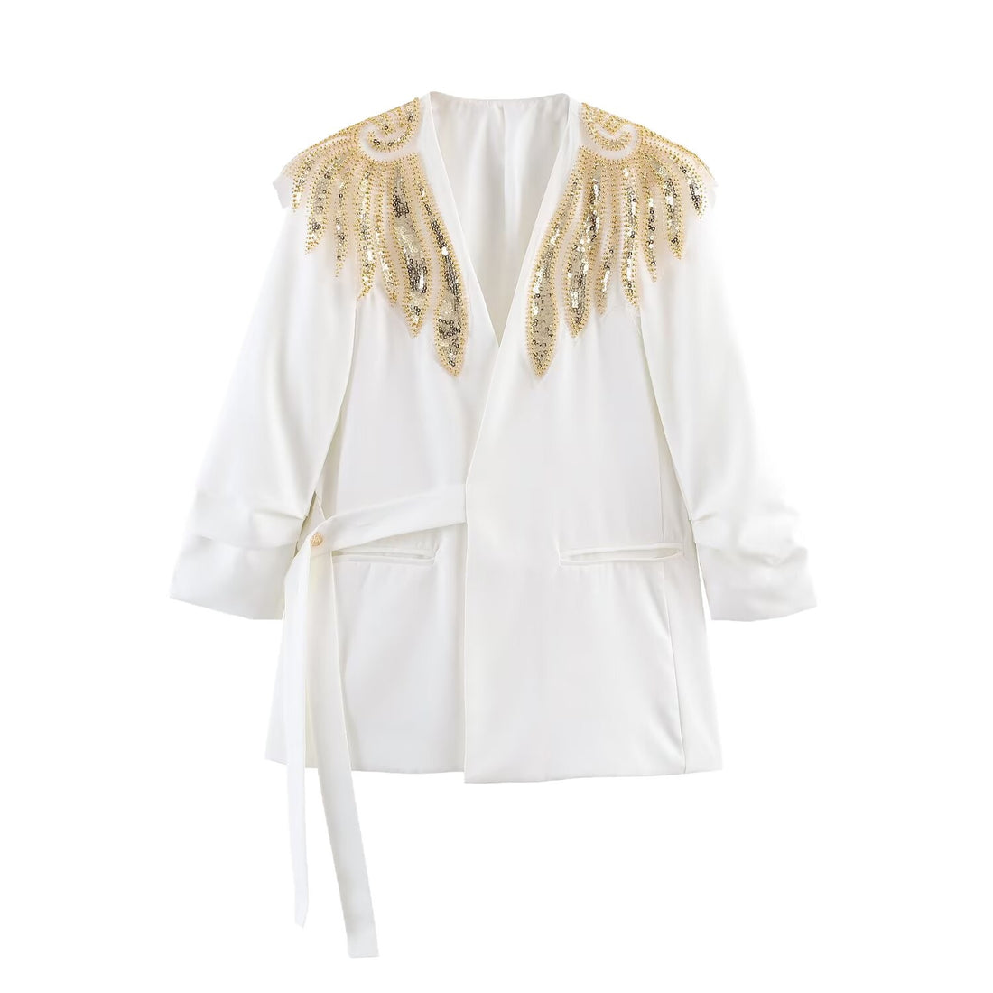 Damen Langline-Blazer mit goldbestickten Schultern und Bindegürtel Echoarchiv