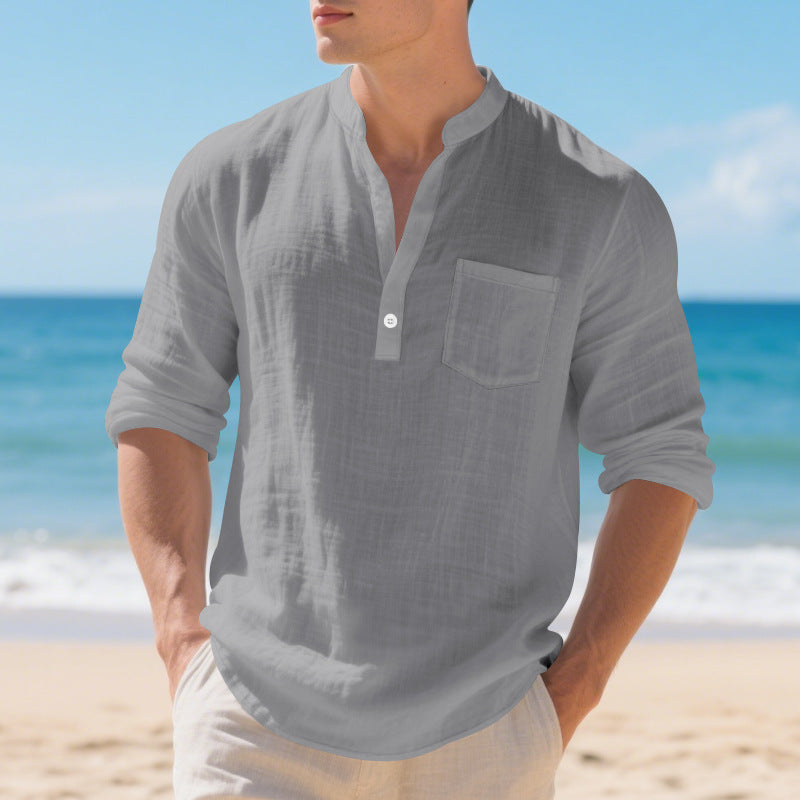 Herren lässiges Langarmshirt mit Hemdkragen und Brusttasche Echoarchiv