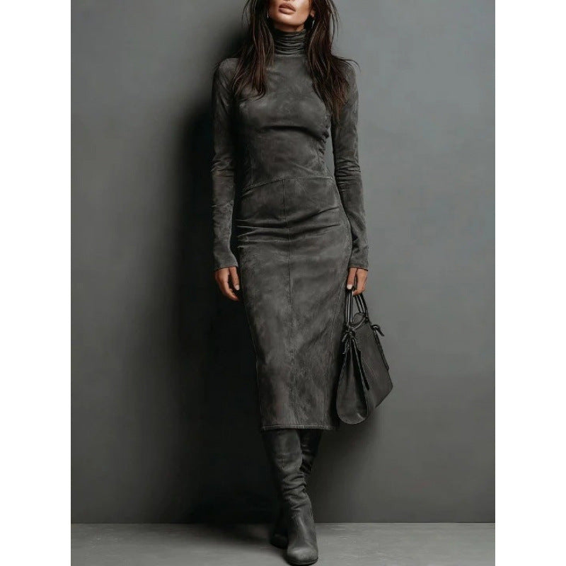 Damen Tailliertes Midi Kleid im Samt-Look mit Rollkragen und maßgeschneiderter Silhouette – Élara