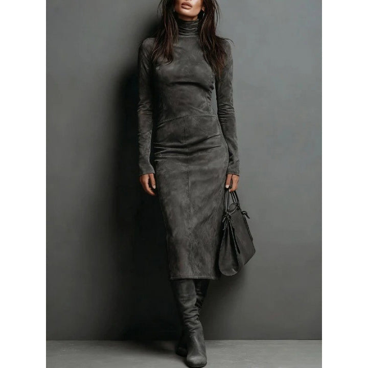 Damen Tailliertes Midi Kleid im Samt-Look mit Rollkragen und maßgeschneiderter Silhouette – Élara