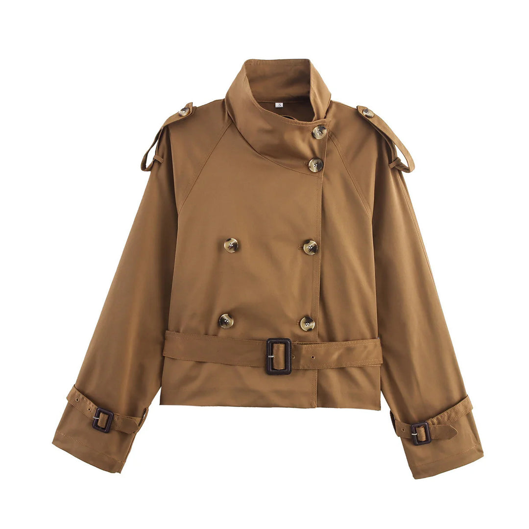 Damen kurz geschnittener Trenchcoat im Cropped-Stil mit doppelreiher, Schulterklappen und Taillengürtel – Montévia