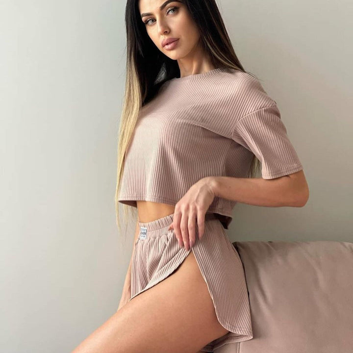 Damen Lässiges Short-Pyjama-Set Aus Atmungsaktiver Rippstruktur Echoarchiv