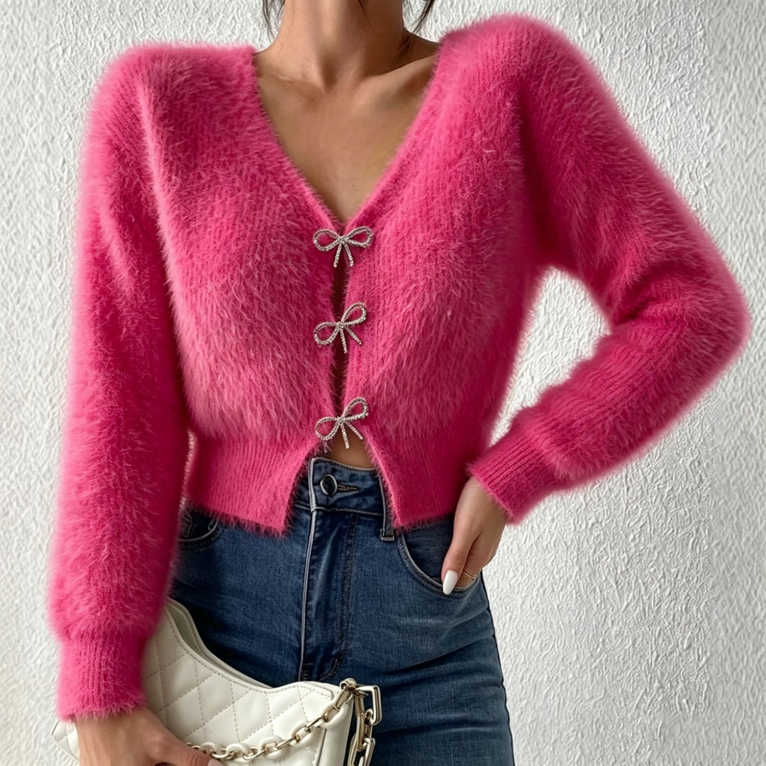Damen Flauschiger Cropped-Cardigan mit V-Ausschnitt und Schleifen‑Verschlüssen – Veloura