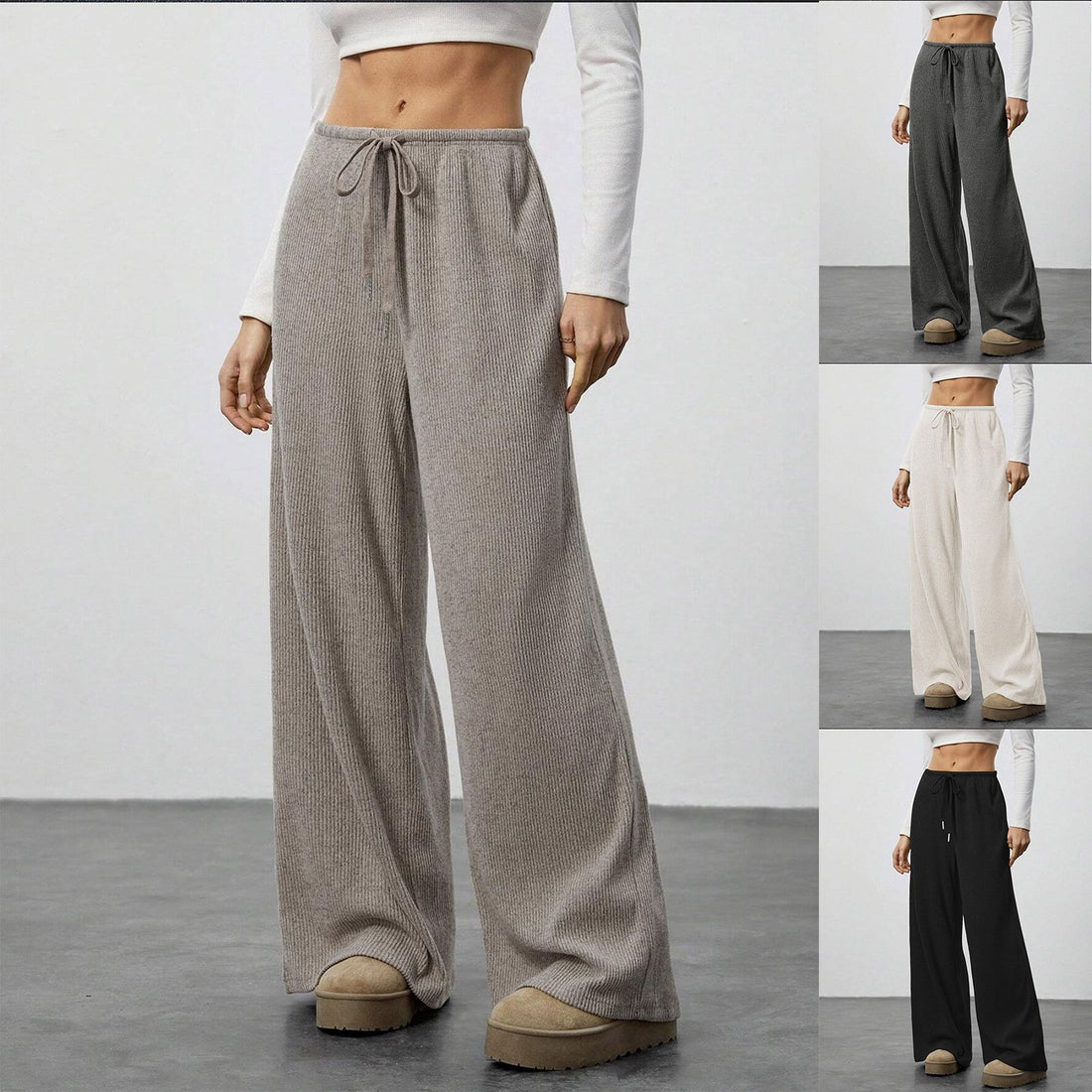 Damen Weiche Rippstrick Loungehose mit weitem Bein und Kordelzug – Avélisse