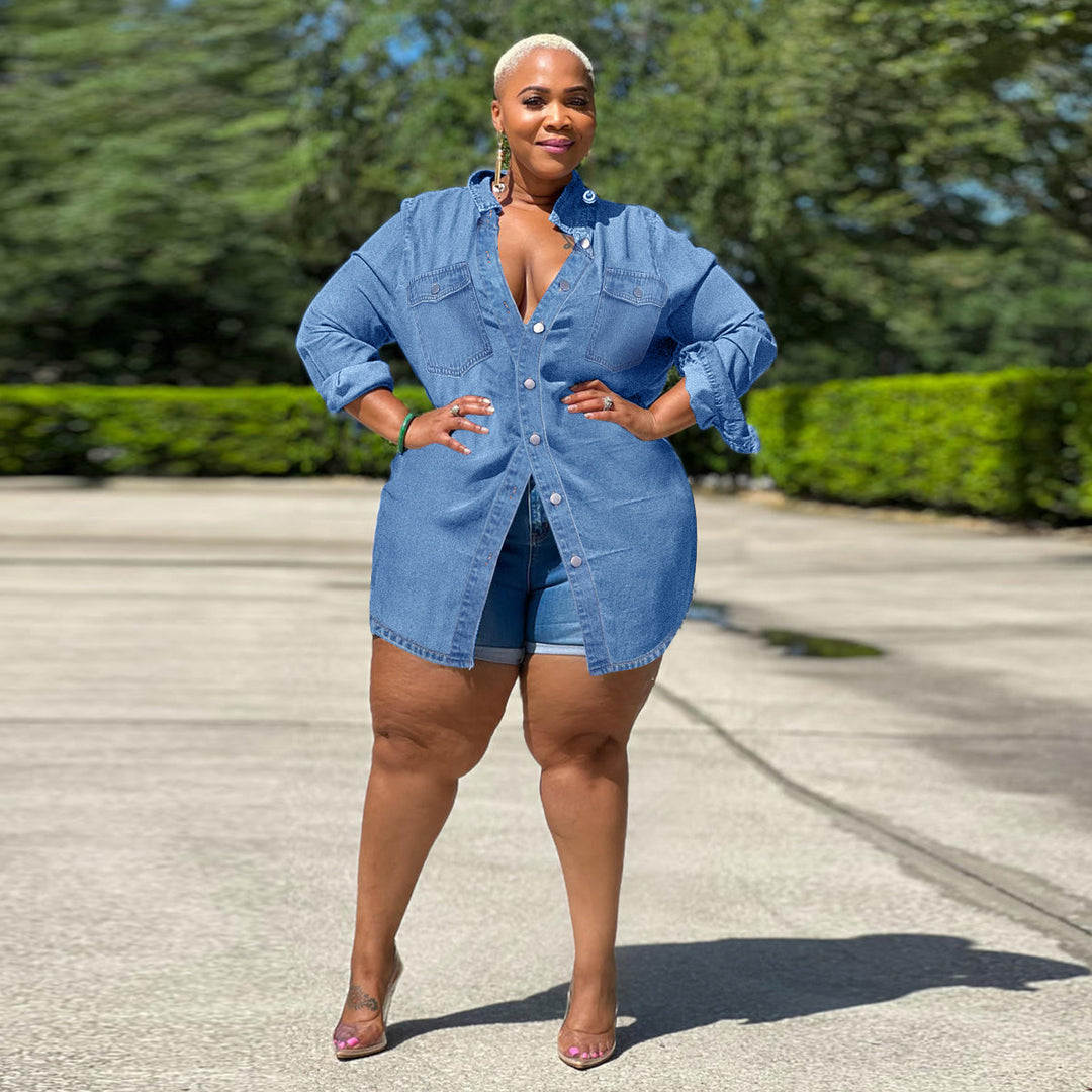 Damen Oversize-Denim-Hemdbluse im Longline-Schnitt mit Rollärmeln und Brusttaschen Echo Archiv
