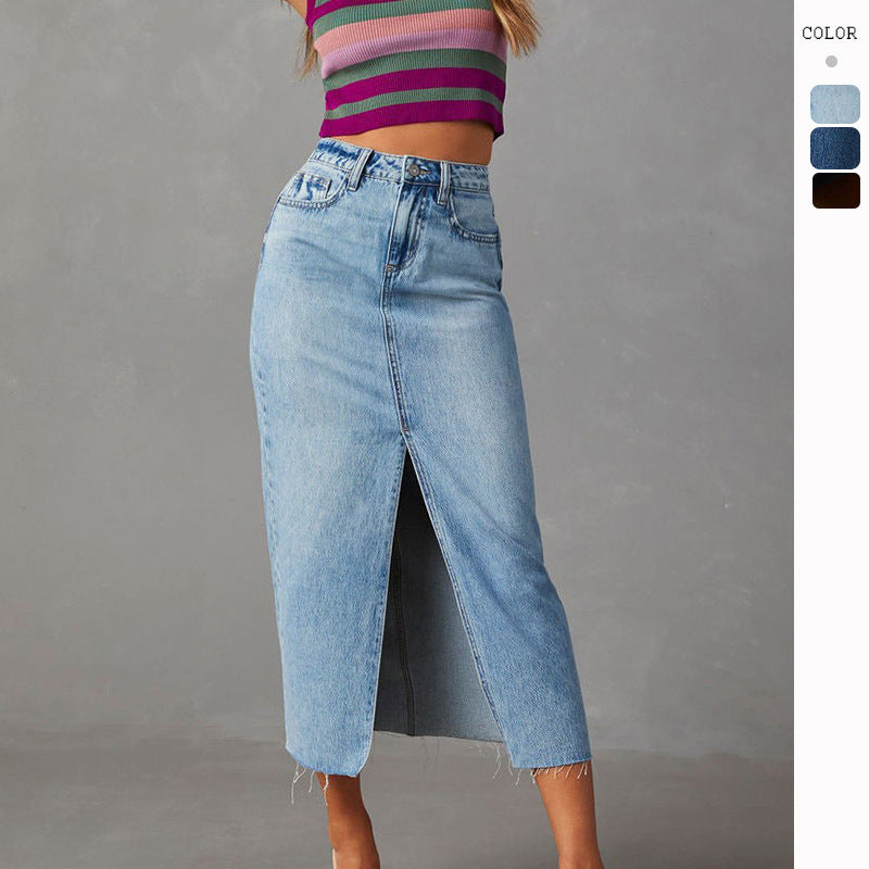Damen nan hochgeschnittener Midi-Jeansrock mit mittigem Frontschlitz und rohem Saum Echo Archiv