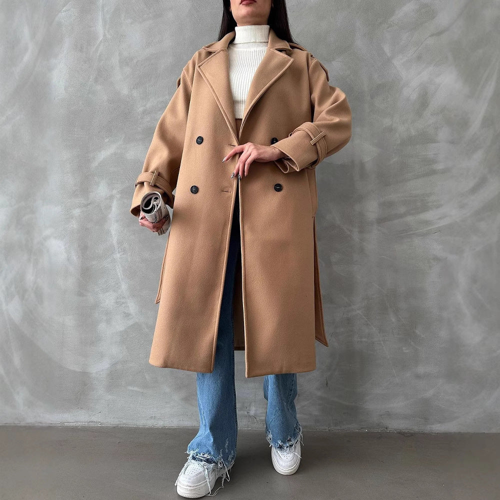 Damen Oversize Wollmix-Mantel mit doppelreihiger Knopfleiste und Taillengürtel Echoarchiv