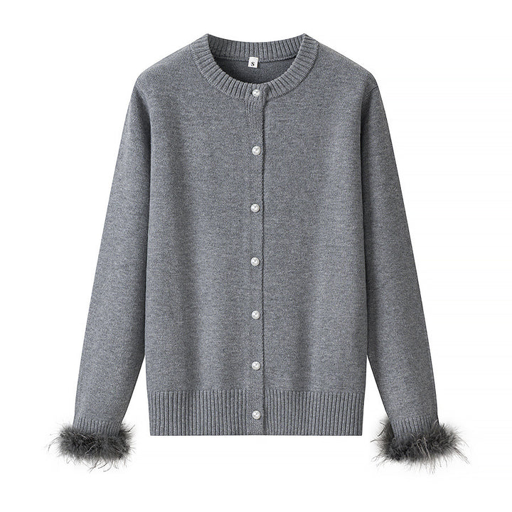 Damen Strickcardigan mit Perlenknopfleiste und Federbesatz Echo Archiv