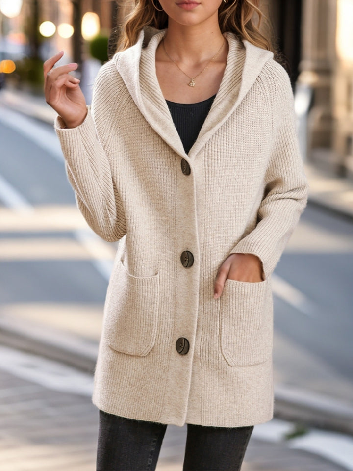 Damen nan lange gerippte Kapuzen-Strickjacke mit aufgesetzten Taschen und markanten Knöpfen Echo Archiv