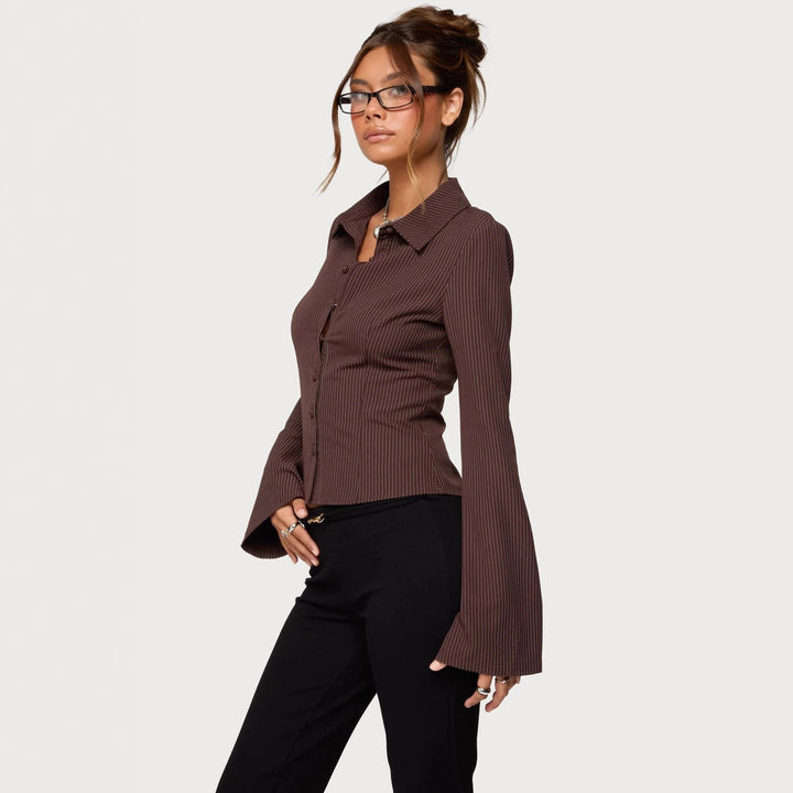 Damen Ripp-Optik Bluse mit elegantem Kragen und schmalem Schnitt Echo Archiv