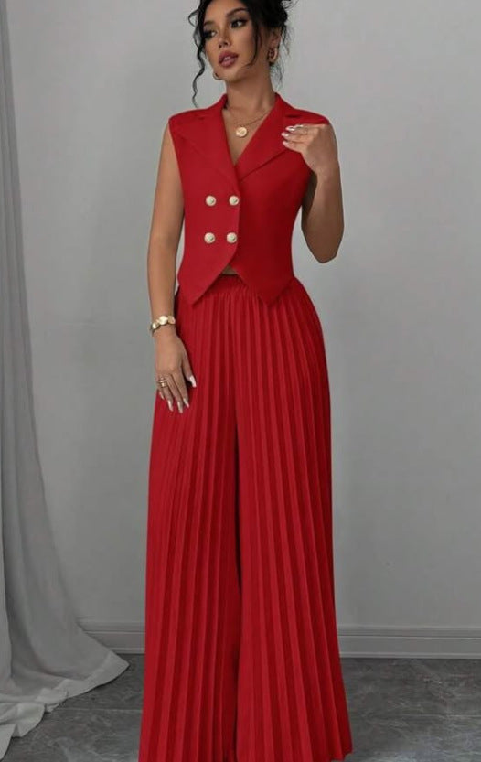 Damen Ärmelloses Weste-Blazer-Top mit Revers und plissierter Palazzo-Hose Zweiteiliges Abendset – Valéne