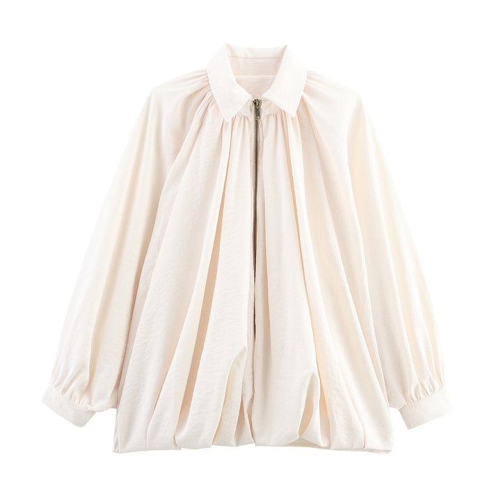 Damen nan oversize geraffte Bluse mit Ballonärmeln und Frontreißverschluss Echo Archiv