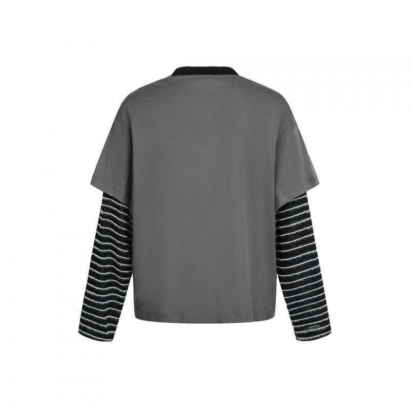 Damen Lagenlook-Longsleeve mit Grafikprint, gestreiften Einsatzärmeln und dekorativen Schulterträgern Echo Archiv