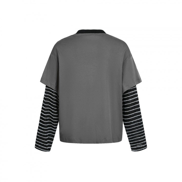 Damen Lagenlook-Longsleeve mit Grafikprint, gestreiften Einsatzärmeln und dekorativen Schulterträgern Echo Archiv