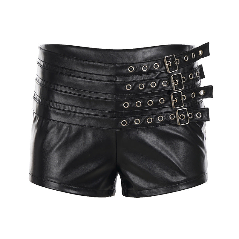 Damen Kunstleder Shorts mit dekorativen Schnallen und Schnürdetails Echo Archiv