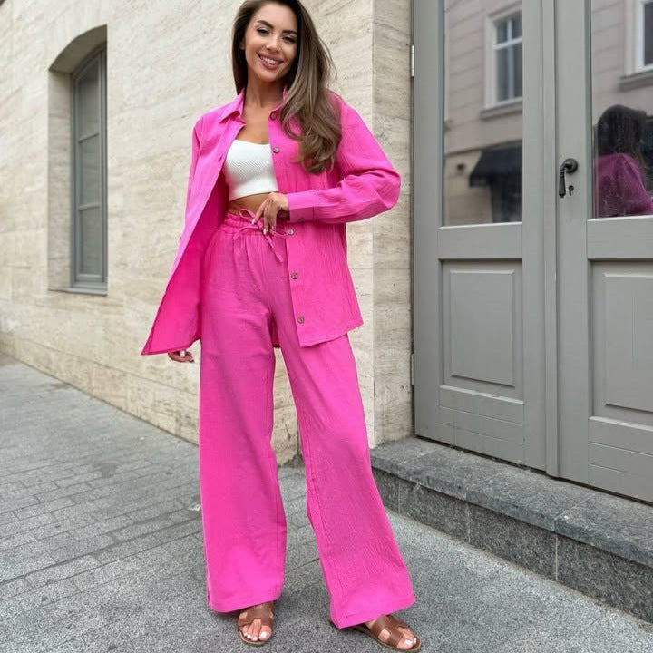 Damen Leichter Leinen-Zweiteiler mit oversized Hemd und High‑Waist Palazzohose – Élanora