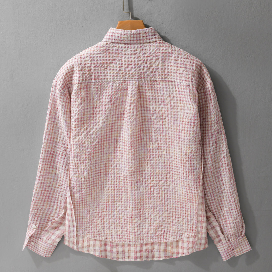 Damen Relaxed-Fit Crinkle-Hemdjacke mit feiner Gingham‑Webstruktur und dezenter Bruststickerei Echoarchiv