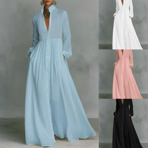 Damen Maxikleid mit Stehkragen, durchgehender Knopfleiste, taillenhoher Raffung und Eingrifftaschen – Valéora