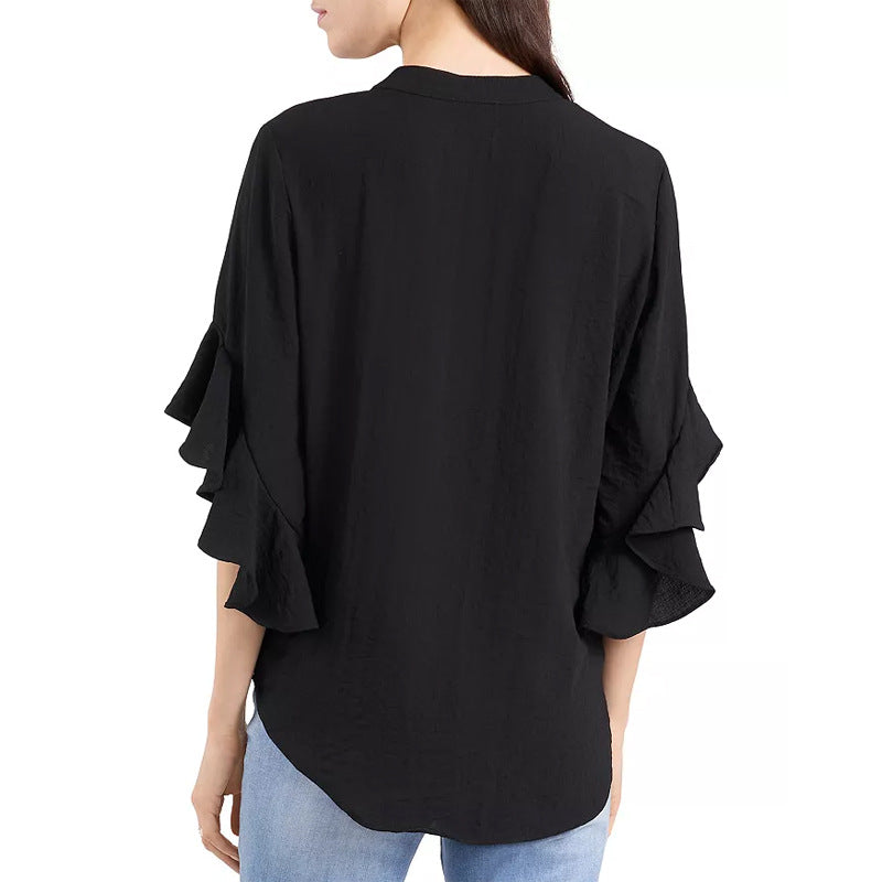 Damen Rüschen-Bluse mit V-Schlitz, lockerem Schnitt und Trompetenärmeln – Avérine