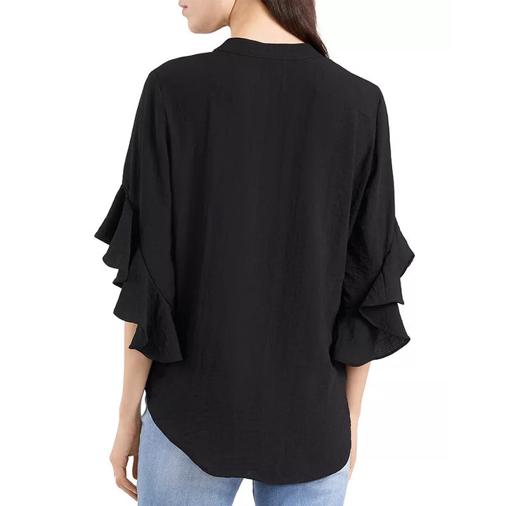 Damen Rüschen-Bluse mit V-Schlitz, lockerem Schnitt und Trompetenärmeln – Avérine
