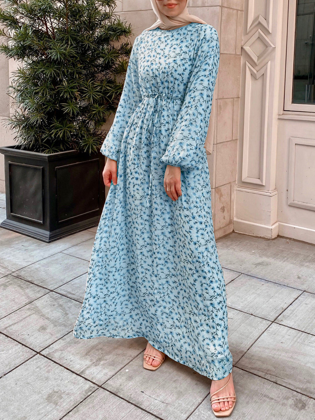 Damen Geblümtes Maxikleid mit Kordel-Taille und Ballonärmeln – Valéora