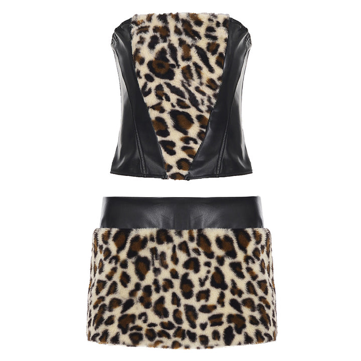 Damen Oberteil und Rockset mit Leopardenmuster und Kunstlederdetails Echo Archiv