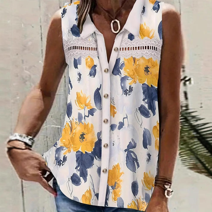 Damen nan Seidenimitat-Buttondown-Top mit Spitzenpasse und Perlenknopfleiste Echo Archiv
