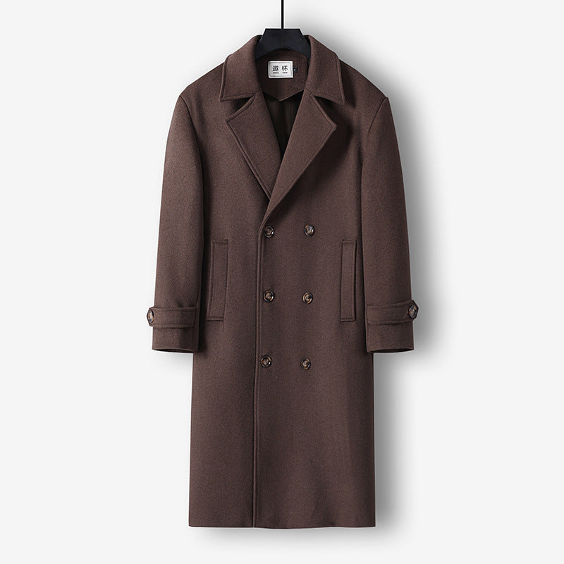 Herren Langer Doppelreihiger Wollmantel mit minimalistischer Silhouette und Schalkragen Echoarchiv