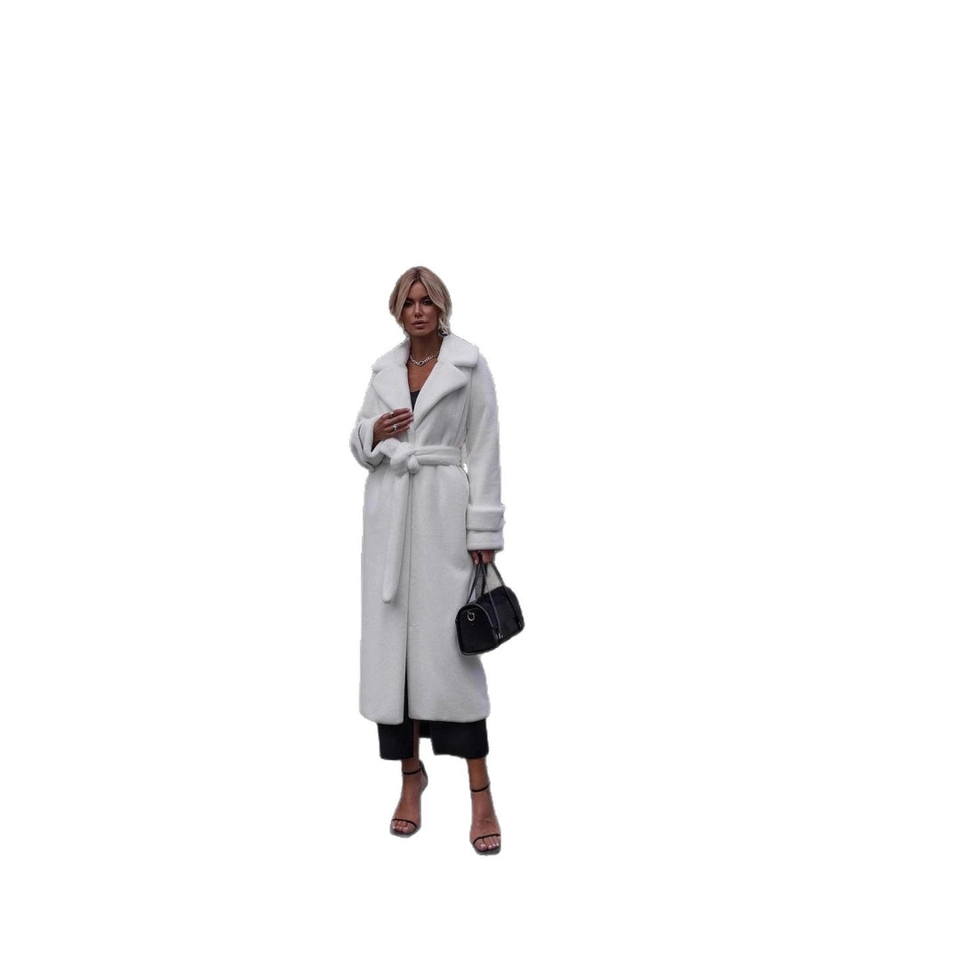 Damen Eleganter Maxi-Wollmantel mit Taillengürtel, breitem Revers und krempelbaren Manschetten Echo Archiv