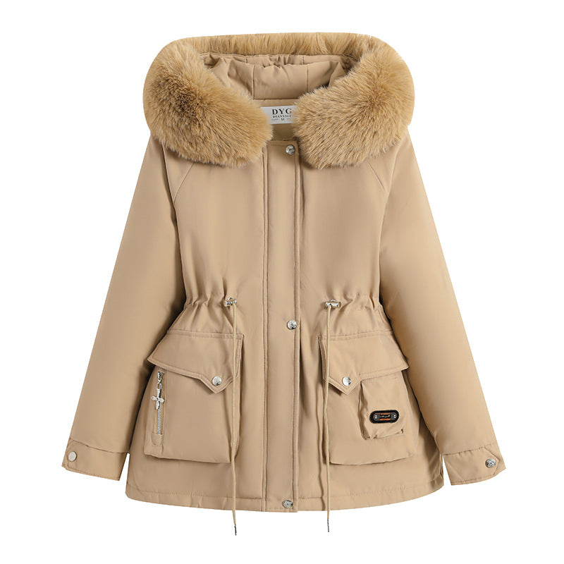 Damen kurzer Thermo-Parka mit voluminösem Schalkragen in Webpelzoptik und taillierendem Tunnelzug – Montévia
