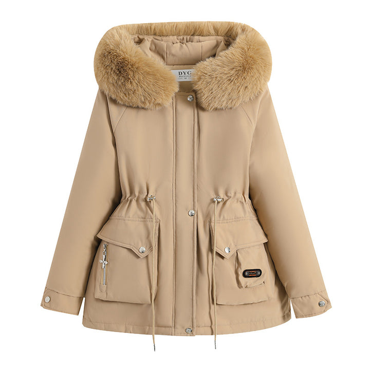 Damen kurzer Thermo-Parka mit voluminösem Schalkragen in Webpelzoptik und taillierendem Tunnelzug – Montévia