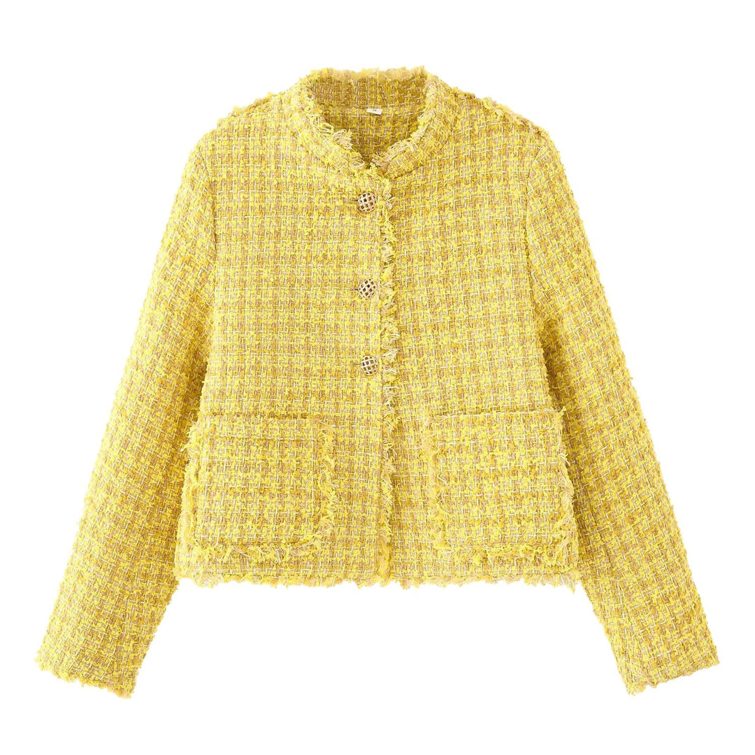 Damen Bouclé‑Tweed‑Cropped‑Jacke mit Fransen und Zierknöpfen Echoarchiv
