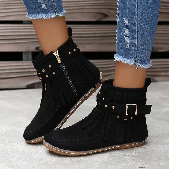 Damen Boho-Fransen-Ankleboots im Mokassinstil mit Nietenbesatz und Zierschnalle Echo Archiv