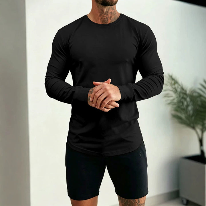 Herren Enganliegendes Langarm-Shirt aus Baumwollstretch mit Rundhals – Orvano