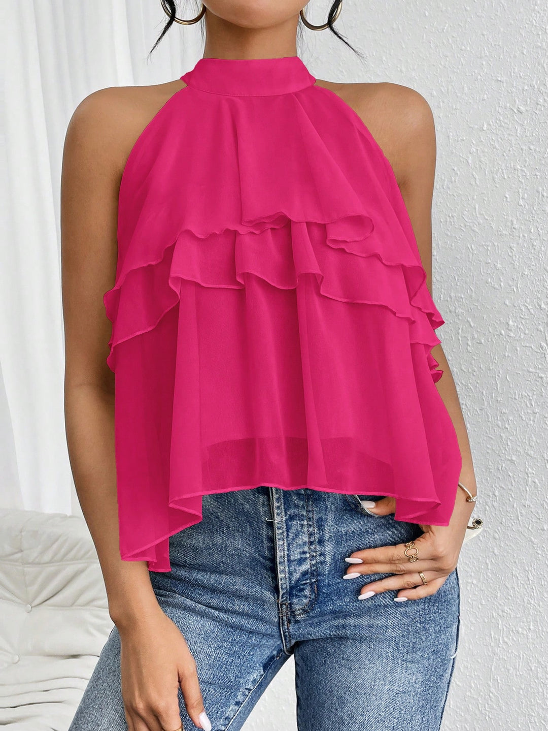 Damen Luftiges Chiffon-Top mit Stehkragen und mehrlagigen Volants Echo Archiv