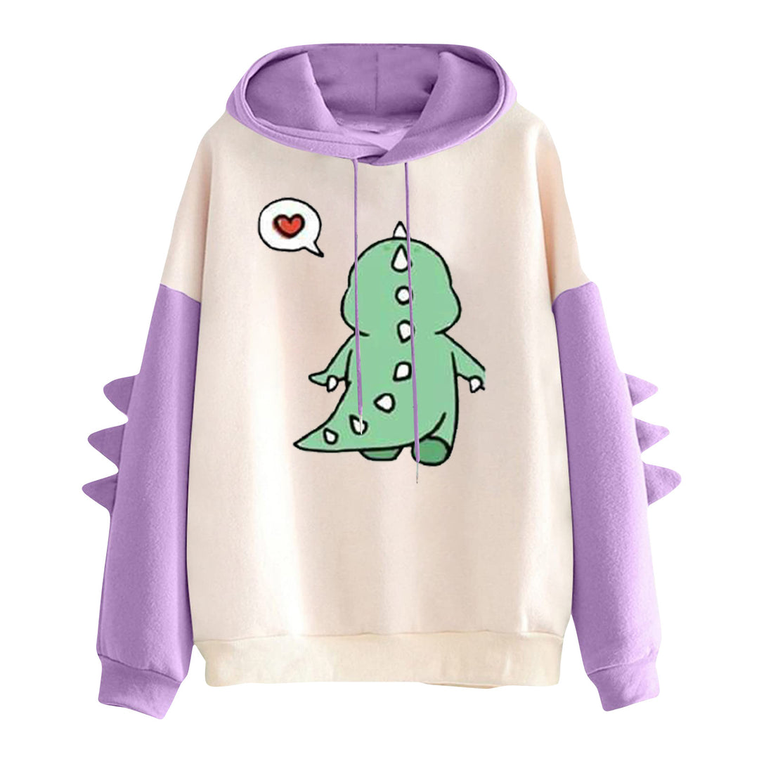 Damen Kapuzenpullover mit niedlichem Dino-Print, kontrastkapuze und dekorativen Stoffstacheln – Auréline