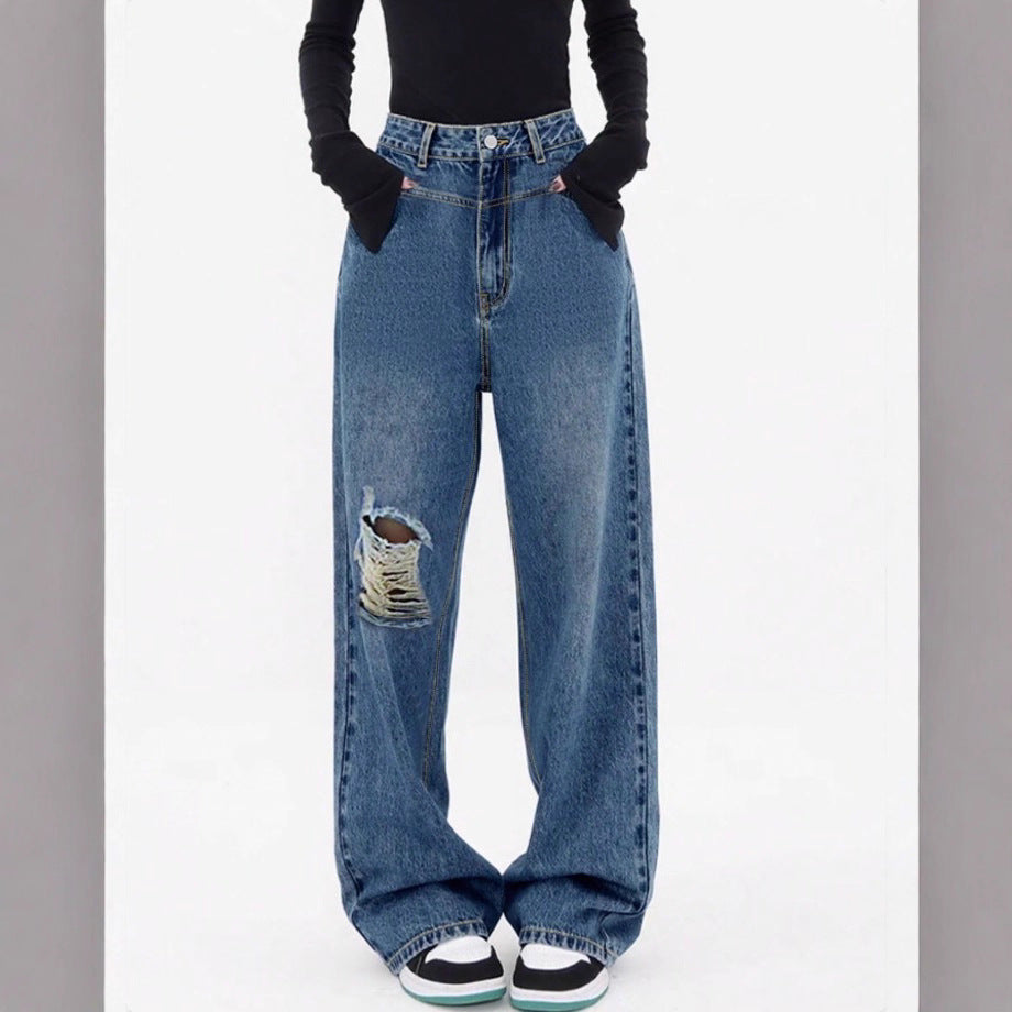 Damen hochtaillierte Oversized-Baggy-Jeans mit Knie-Rip und weitem Bein Echo Archiv