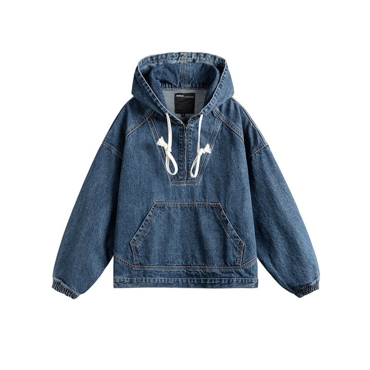 Unisex Oversize Denim Hoodie mit Halbreißverschluss, Kängurutasche und Tunnelzug Echoarchiv