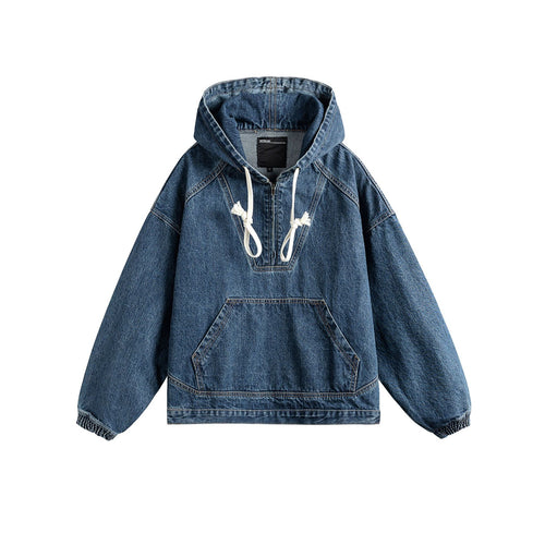 Unisex Oversize Denim Hoodie mit Halbreißverschluss, Kängurutasche und Tunnelzug Echoarchiv