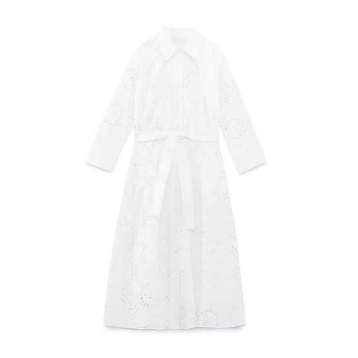 Damen langes Broderie-Anglaise Hemdblusenkleid mit Taillengürtel – Valéora