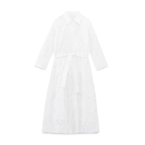 Damen langes Broderie-Anglaise Hemdblusenkleid mit Taillengürtel – Valéora