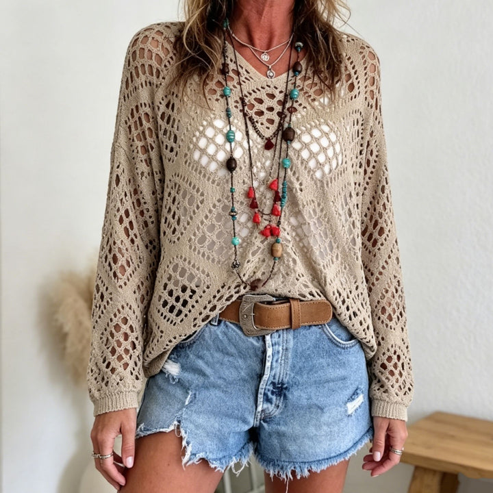 Damen Grobstrick-Häkelpullover mit offenen Maschen und V‑Ausschnitt – Mavelle