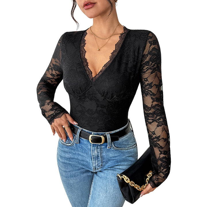 Damen Eleganter Spitzen-Body mit Korsett-Teilung und langen Transparentärmeln Echoarchiv