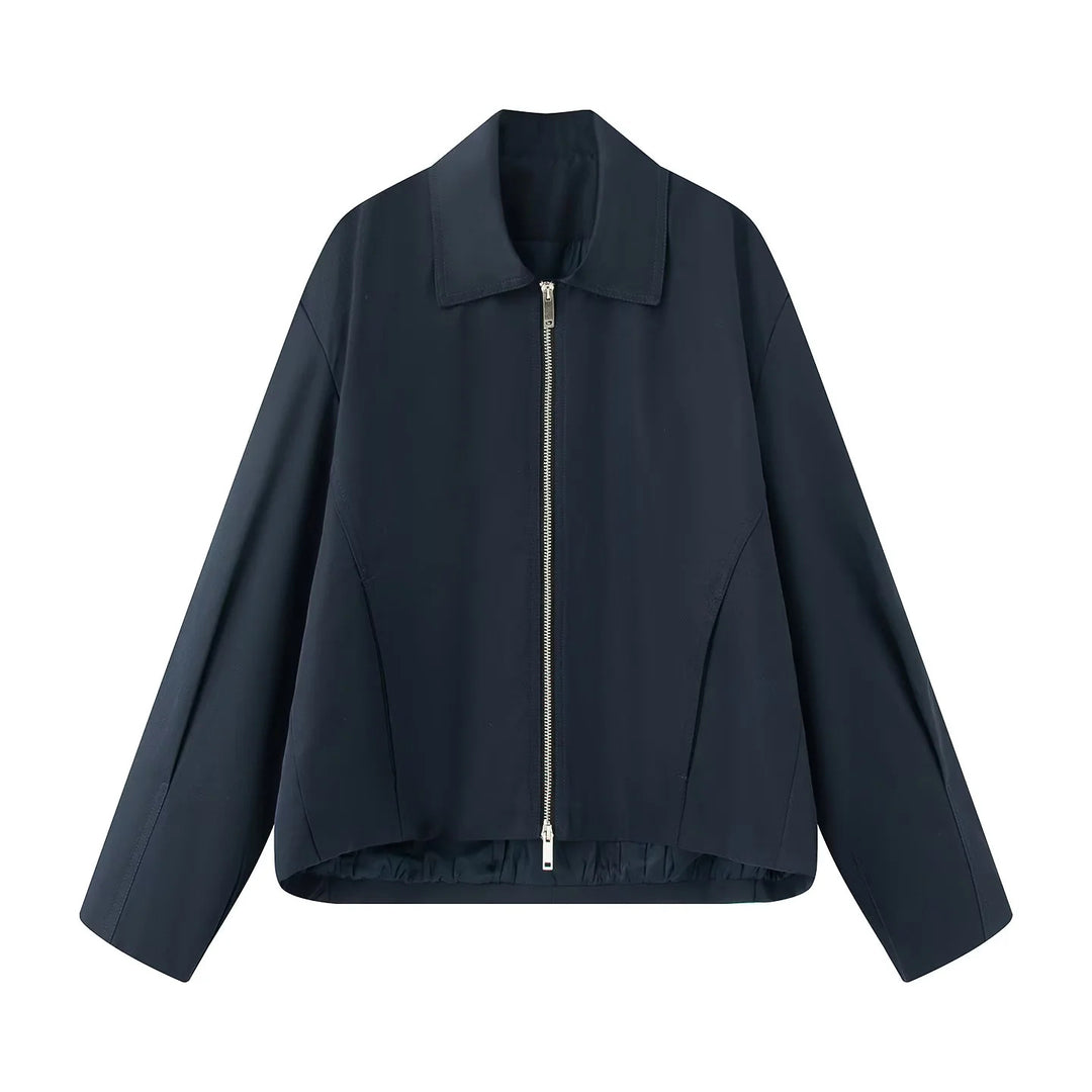 Damen leichte lässige Boxy-Blousonjacke mit verdecktem Zwei-Wege-Reißverschluss, hohem Kragen und seitlichen Eingrifftaschen – Célinea
