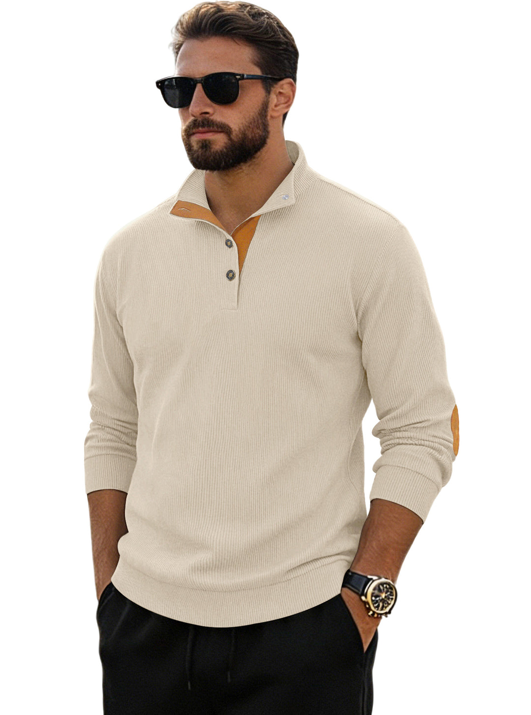Herren nan fein gerippter Strickpullover mit Polokragen Knopfleiste und Ellenbogenbesatz Echo Archiv